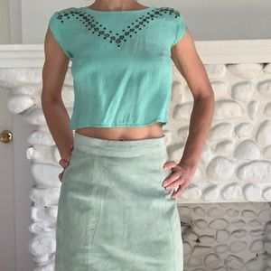 Pale green suede vintage knee length skirt